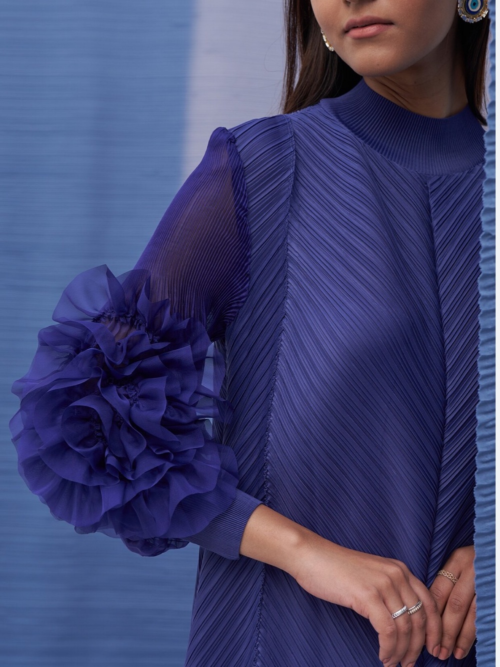 Lolita Mteissi Pleated Ruffle Sleeve Midi Dress Cobalt Blue Free Size M